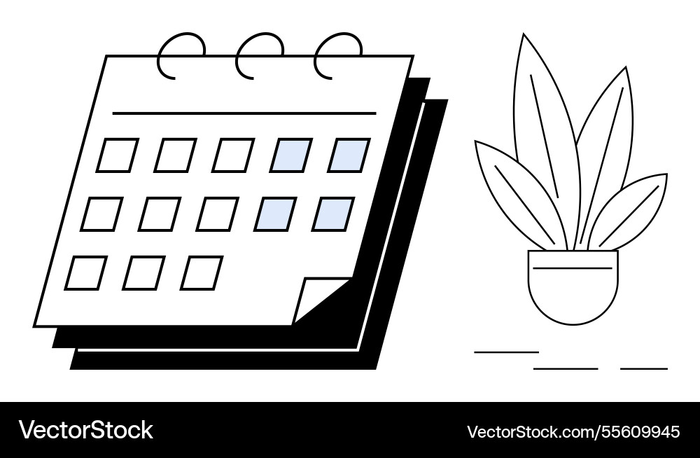 Calendar with highlighted dates next to potted Calendar with highlighted dates next to potted Vector Image