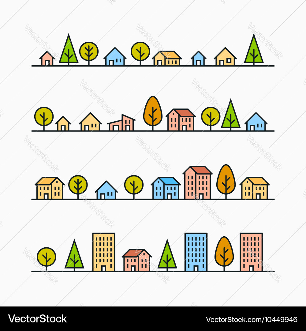 Line buildings and trees in 4 different vector image