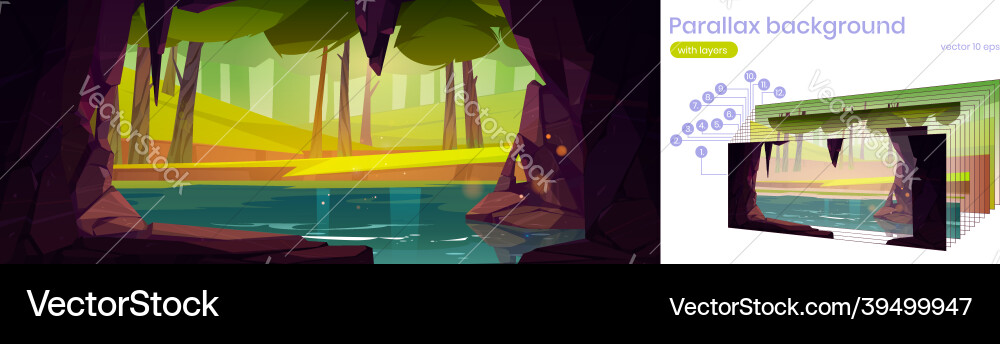 Parallax background with cave lake and forest Parallax background with cave lake and forest vector image
