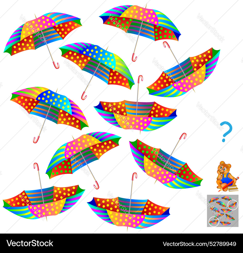 Logic puzzle game find two identical umbrellas Logic puzzle game find two identical umbrellas vector image