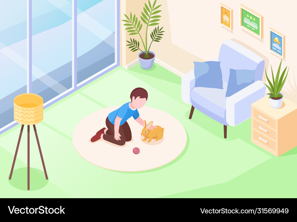 Rabbit pet girl kid playing at home isometric Rabbit pet girl kid playing at home isometric vector image