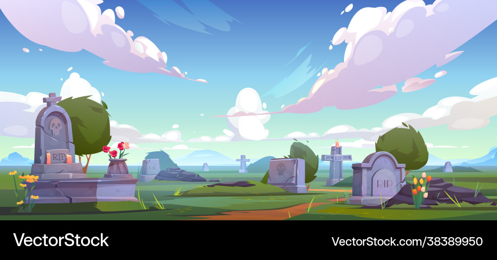 Cemetery graveyard with tombstones and flowers Cemetery graveyard with tombstones and flowers vector image