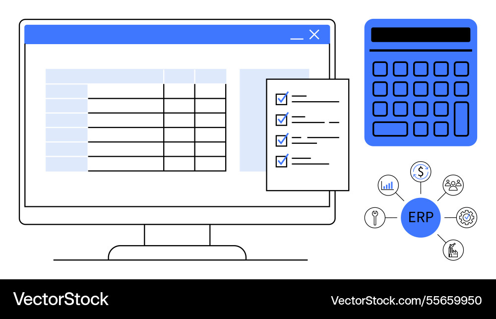 Erp workflow with computer screen calculator Erp workflow with computer screen calculator vector image