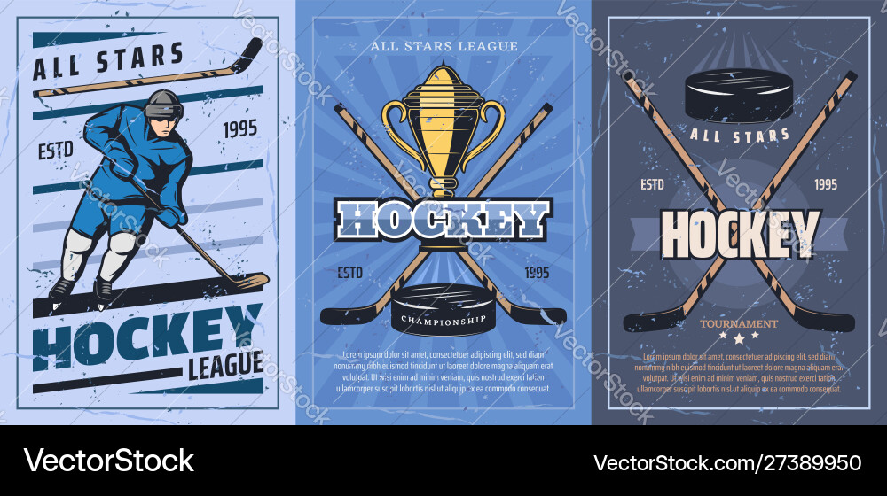 Ice hockey sticks pucks trophy player on rink Ice hockey sticks pucks trophy player on rink vector image