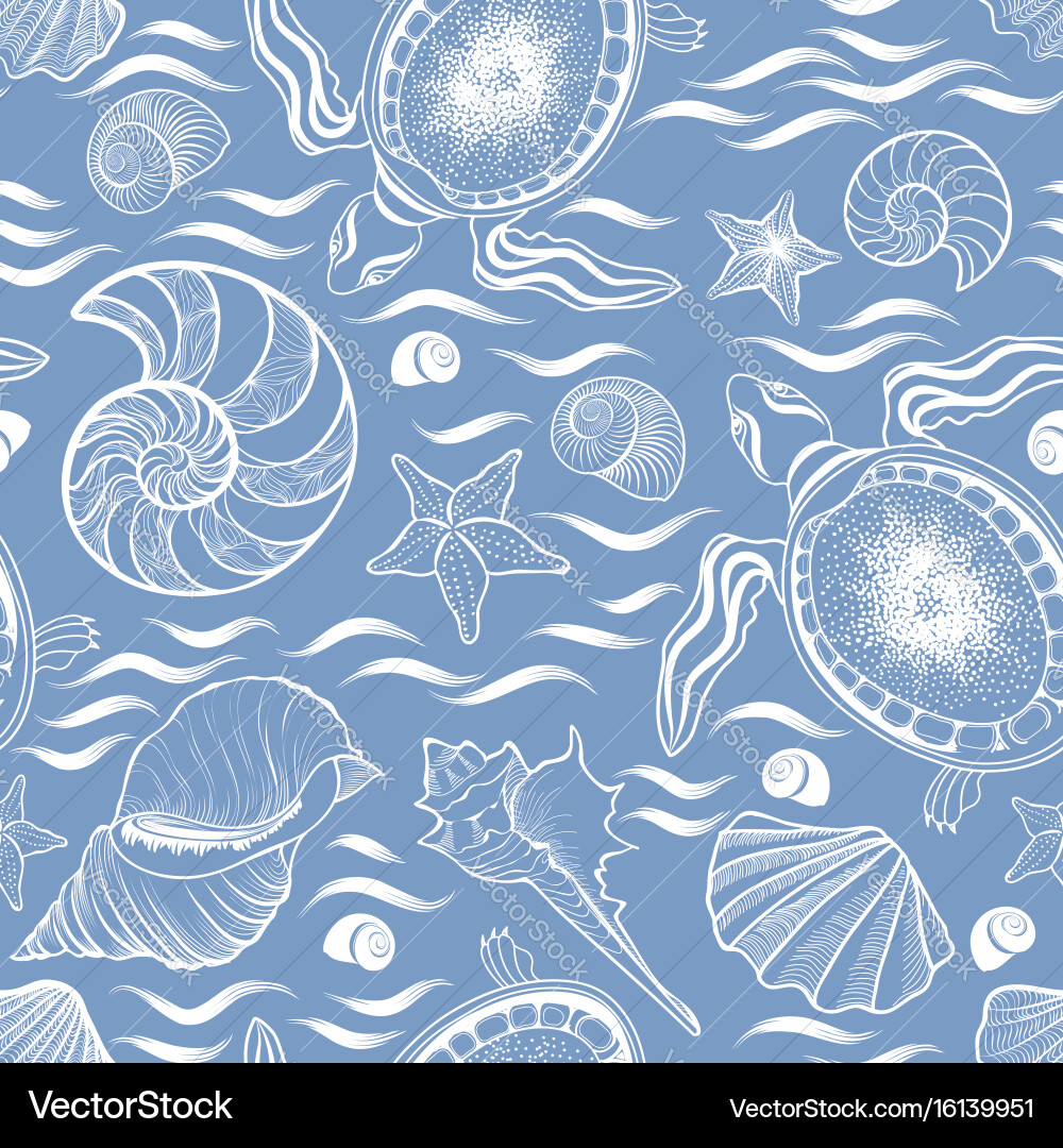 Marine lie seamless pattern seashell turtle vector image