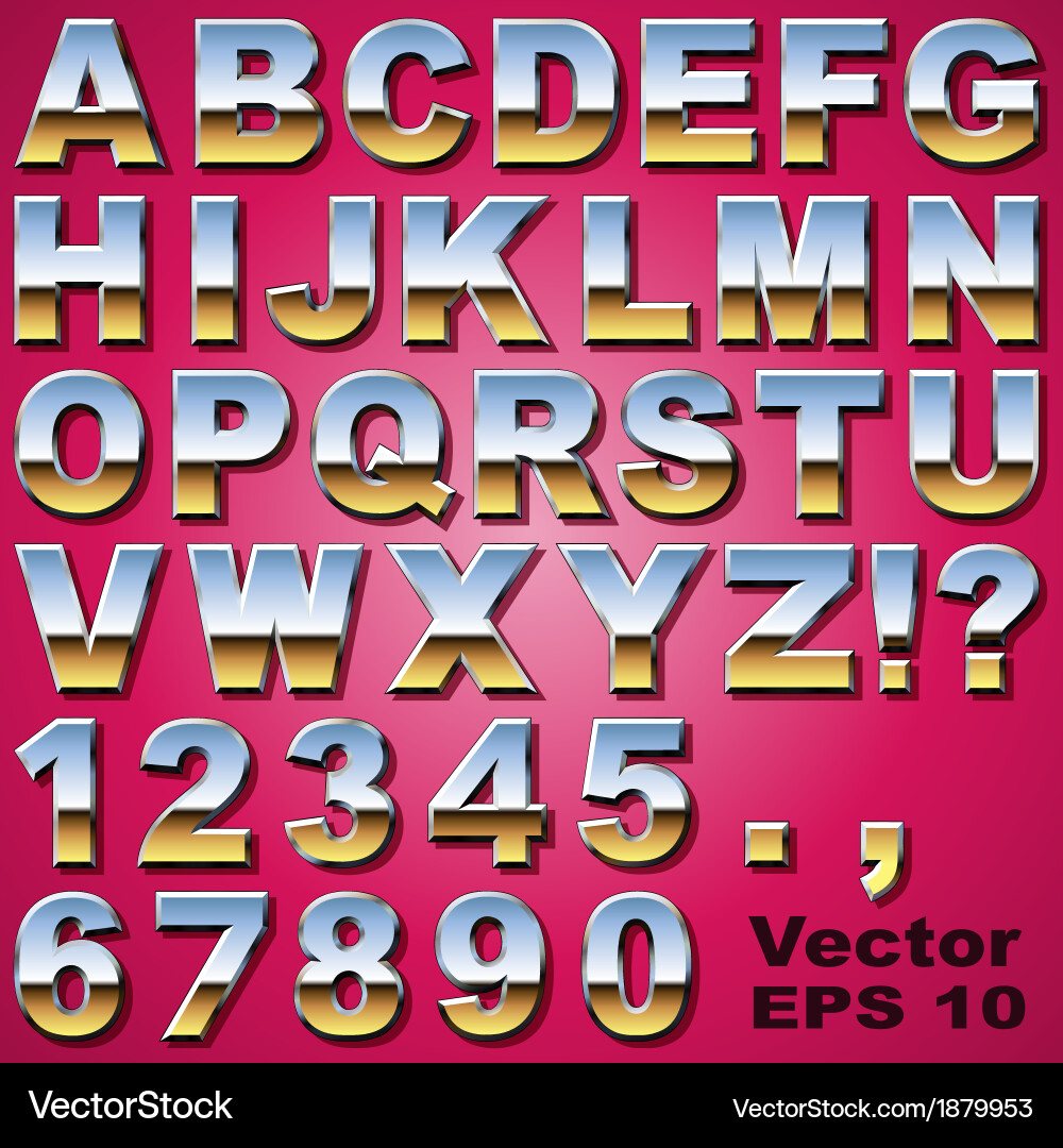 Chrome Alphabet and Number Set vector image