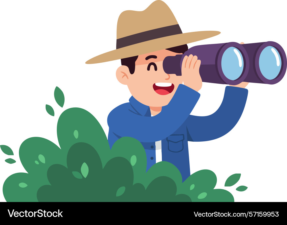 Man with binoculars observing nature from behind Man with binoculars observing nature from behind Vector Image