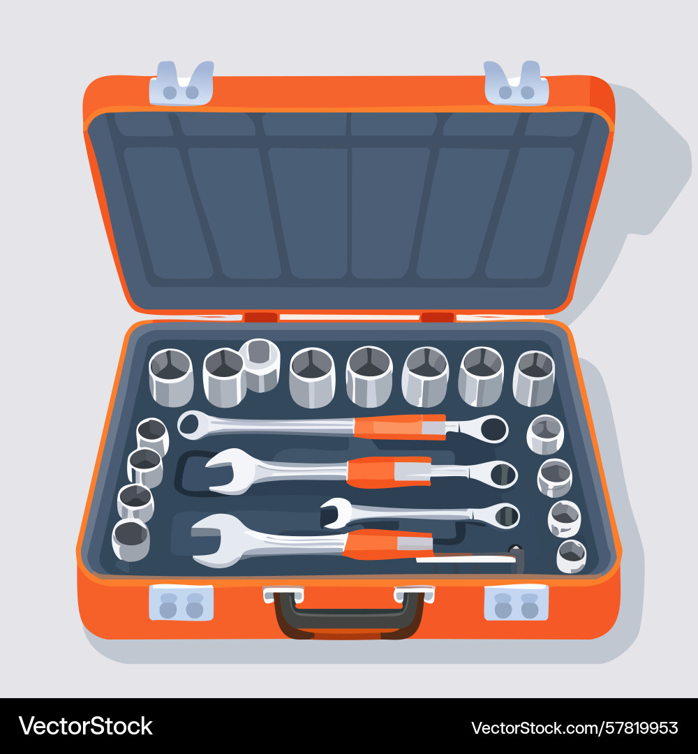 Orange toolbox open with wrenches and sockets Orange toolbox open with wrenches and sockets vector image