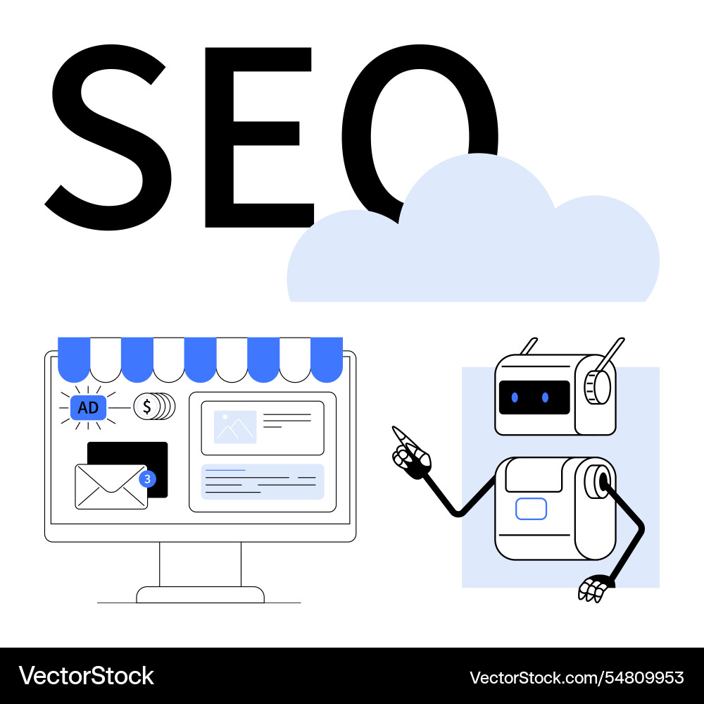 Robot presenting seo metrics on computer screen Robot presenting seo metrics on computer screen vector image