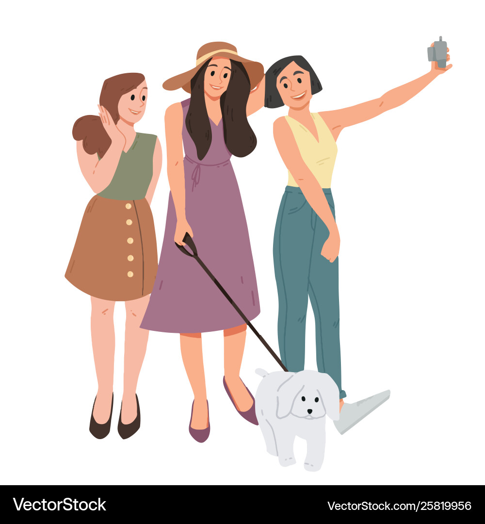 Group three girls and dog taking a selfie Group three girls and dog taking a selfie vector image