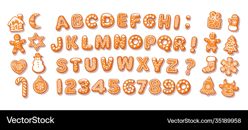 Christmas and new year gingerbread alphabet Christmas and new year gingerbread alphabet vector image