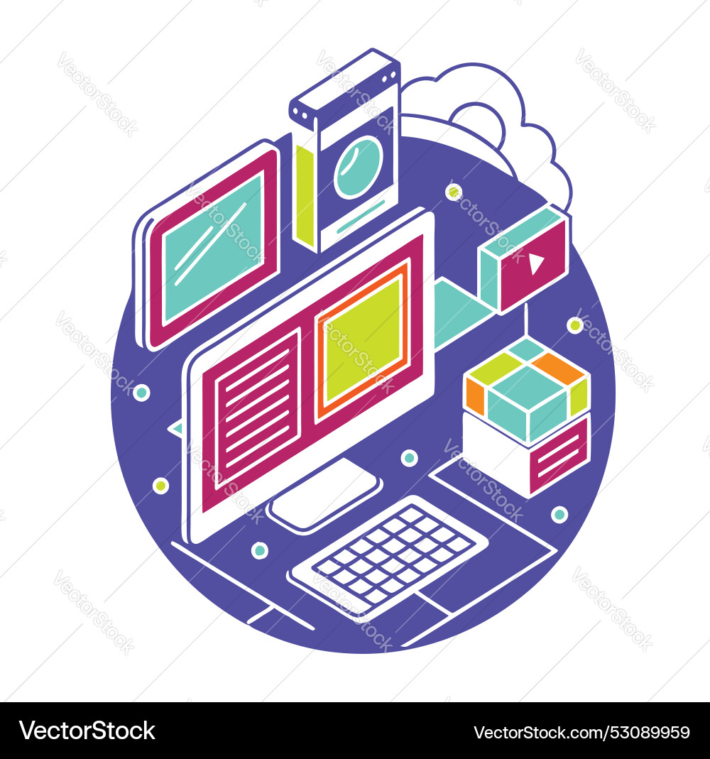 Computer with monitor keyboard mouse well number Vector Image