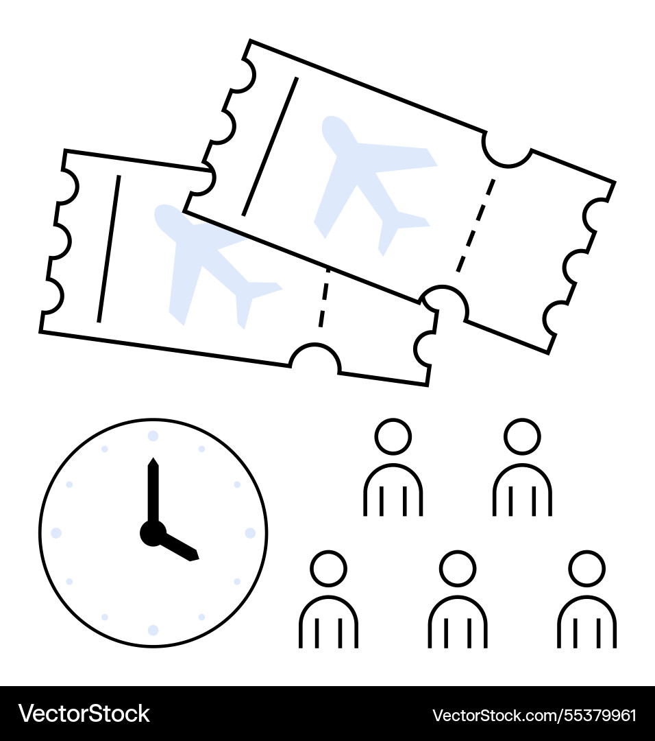 Airplane tickets clock and group of people Airplane tickets clock and group of people vector image