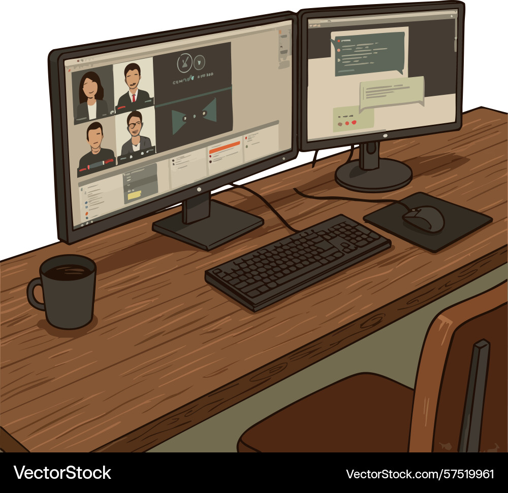 Dual monitor computer setup with video conference Dual monitor computer setup with video conference vector image