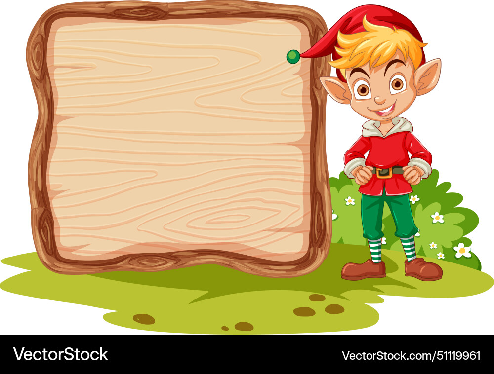 Smiling elf standing next to an empty signboard Smiling elf standing next to an empty signboard vector image