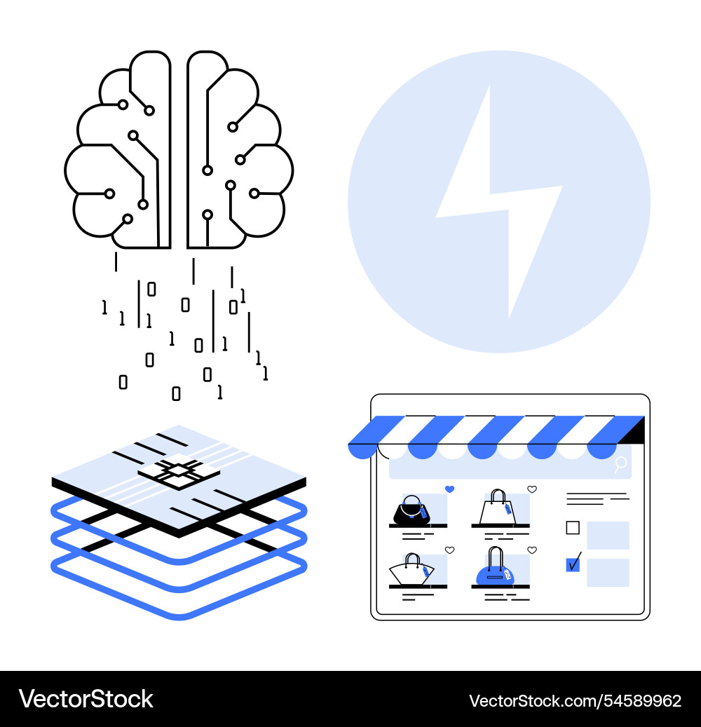 Ai-powered retail neural network data flow and e Ai-powered retail neural network data flow and e vector image