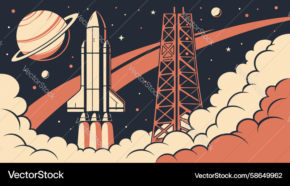 Rocket on launch pad with tower structure design Vector Image