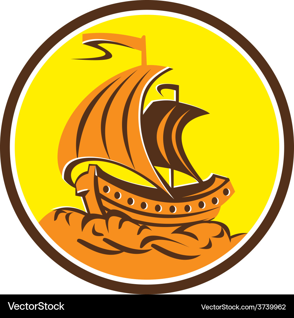 Sailing galleon ship circle retro vector image