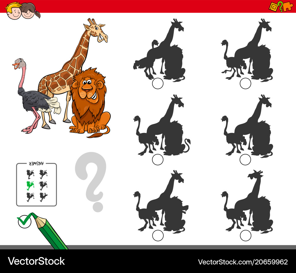 Shadows activity game with safari animals vector image