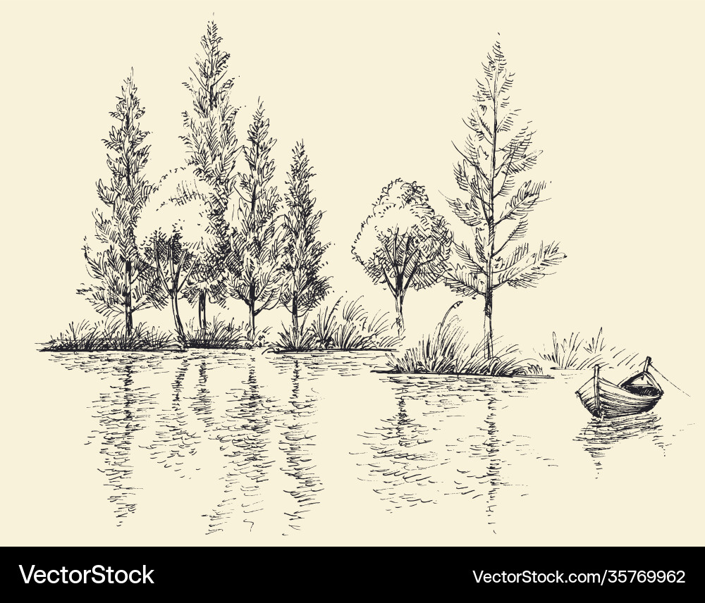 Small boat on calm water lake drawing sketched Small boat on calm water lake drawing sketched vector image
