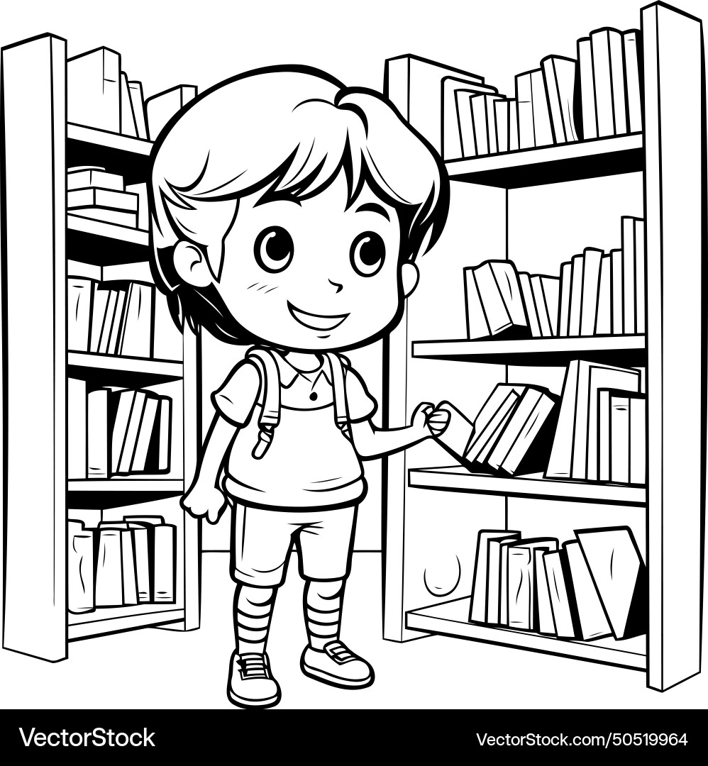 Cute little girl in library black and white Vector Image