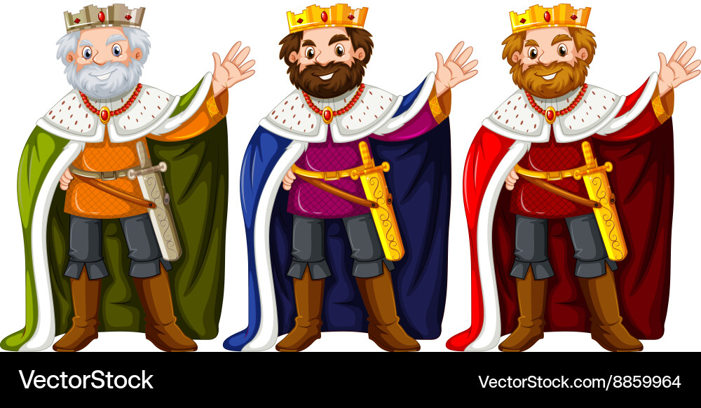 Three kings wearing crown and robe Royalty Free Vector Image