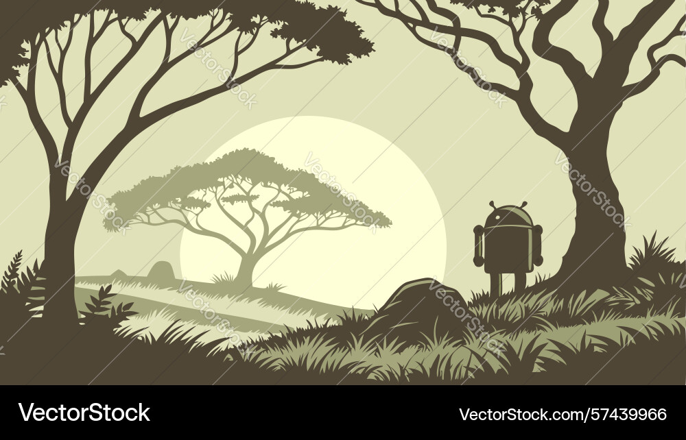 Android robot in savanna with acacia trees vector image