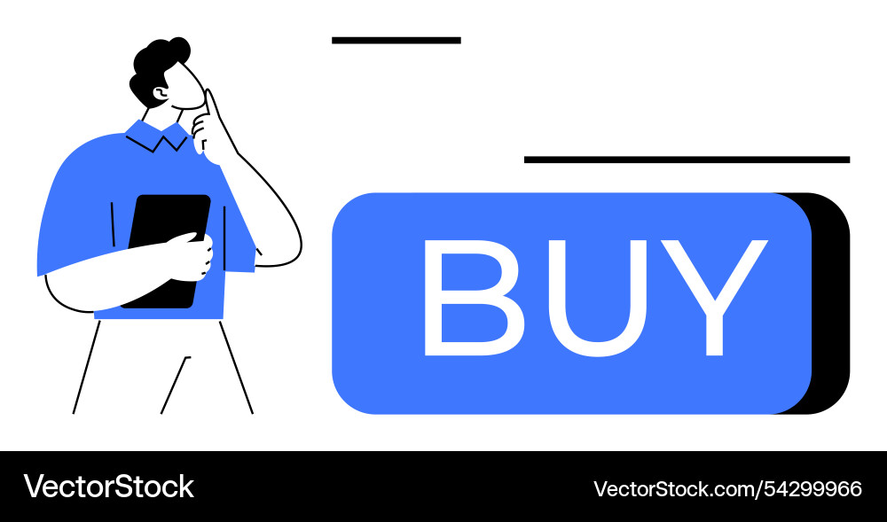Man contemplating purchase decision next to large Man contemplating purchase decision next to large vector image