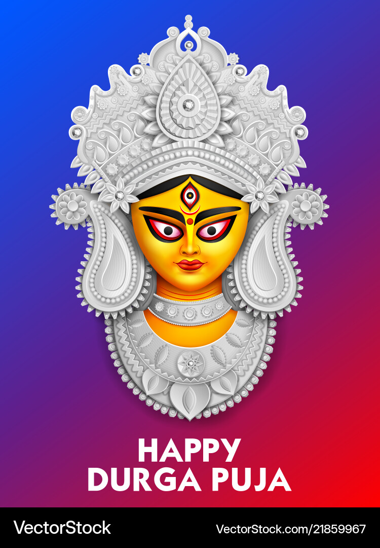 Goddess durga face in happy puja subh Goddess durga face in happy puja subh vector image