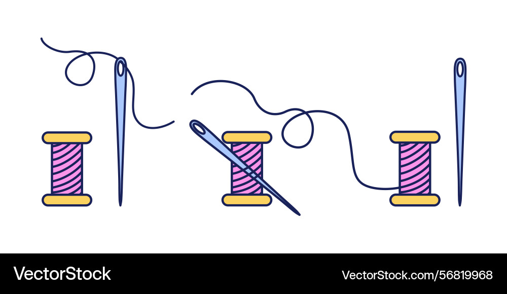 Needles and spools of thread in colorful linear Needles and spools of thread in colorful linear Vector Image