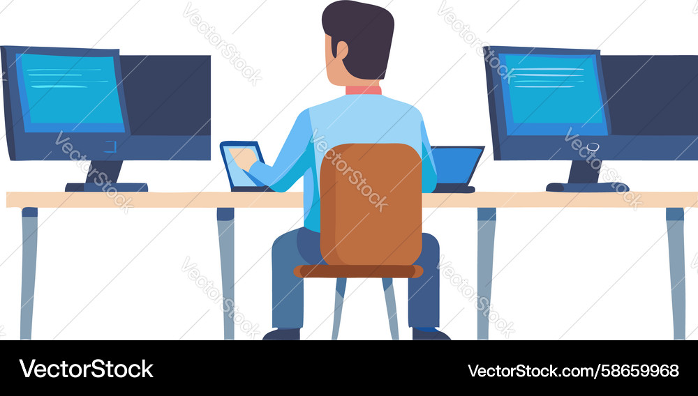 Person working at desktop computer setup focused Vector Image