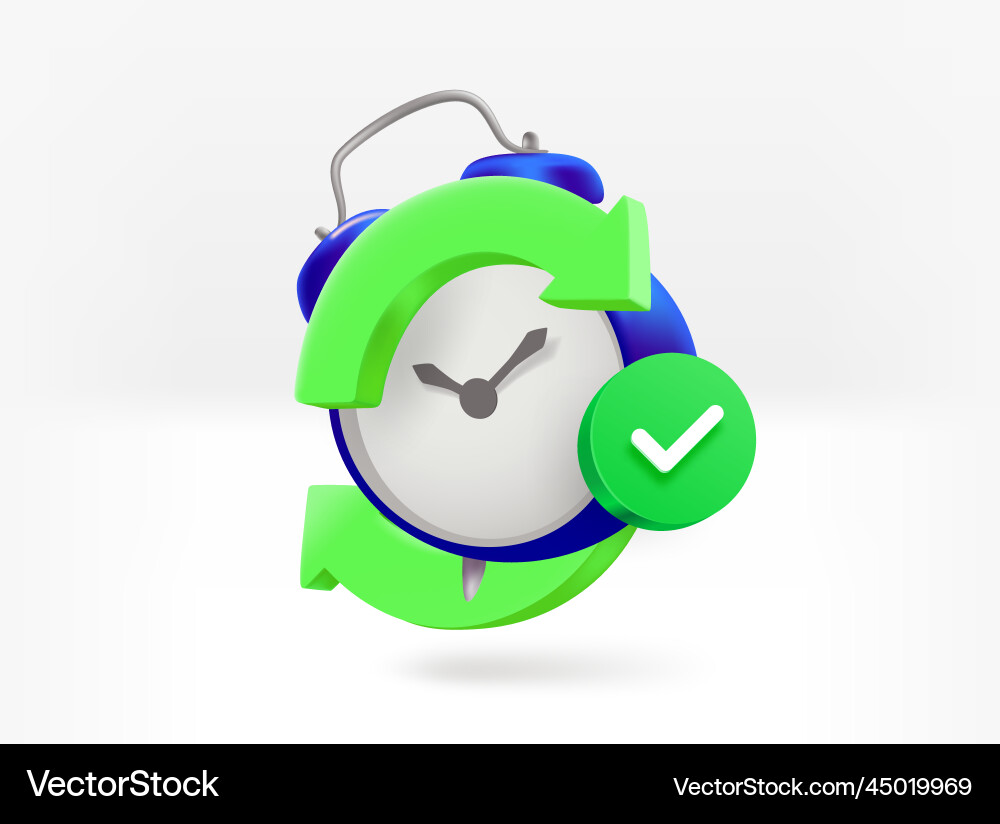 Alarm clock with arrows and checkmark 3d isolated vector image