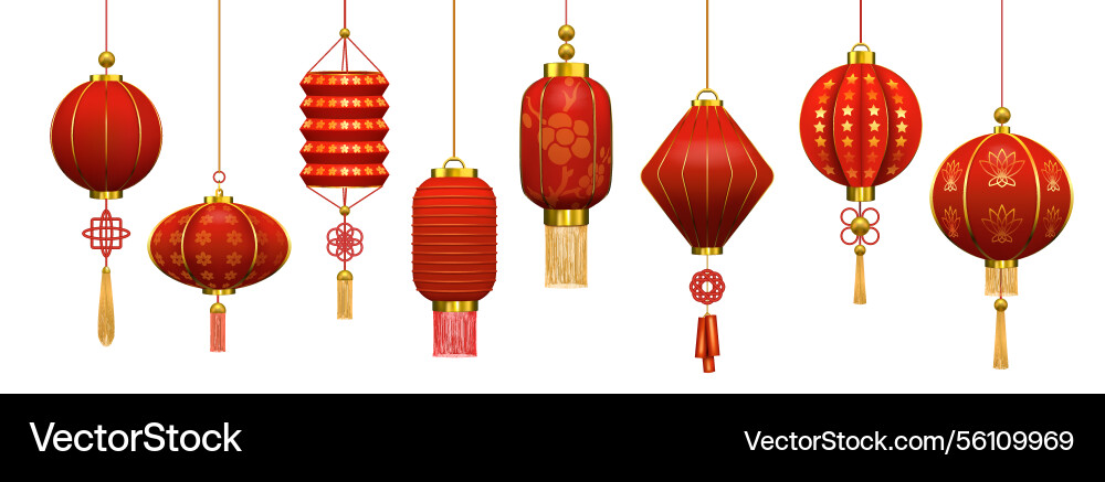Chinese lanterns set 3d red china or japanese Chinese lanterns set 3d red china or japanese vector image
