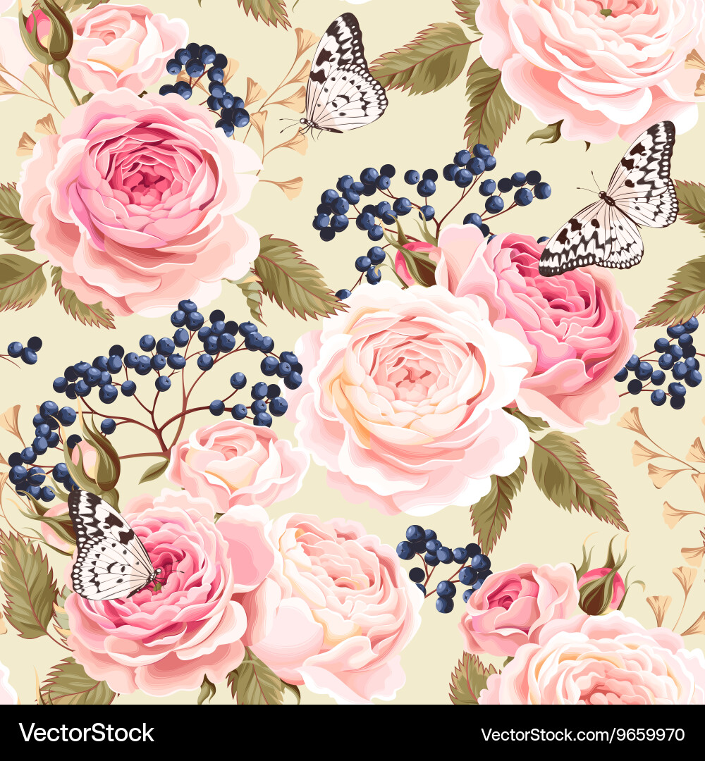 Vintage Rose & Berry Seamless Pattern vector image