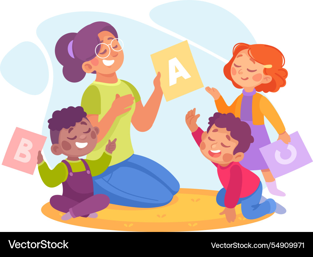 Speech with teacher explaining alphabet to little Speech with teacher explaining alphabet to little Vector Image