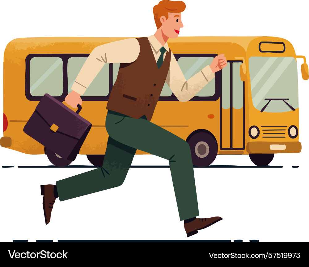 Man running to catch yellow bus in business Man running to catch yellow bus in business Vector Image