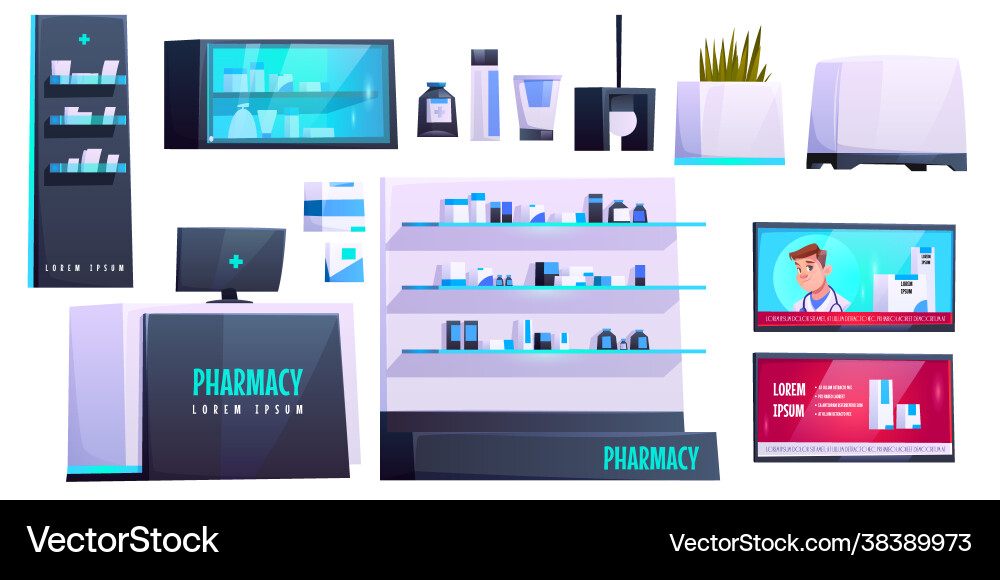 Pharmacy Speicher medizinische Drogerien Ausrüstung Set Pharmacy Speicher medizinische Drogerien Ausrüstung Set vektorbild