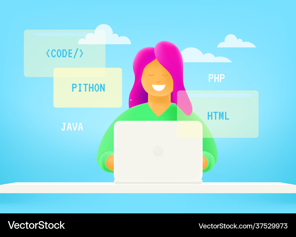 Web developer working via internet 3d style cute Web developer working via internet 3d style cute vector image