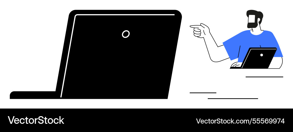 Man working on laptop and pointing at screen Man working on laptop and pointing at screen vector image