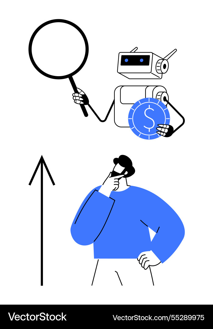 Ai robot analyzing financial data with magnifying Vector Image