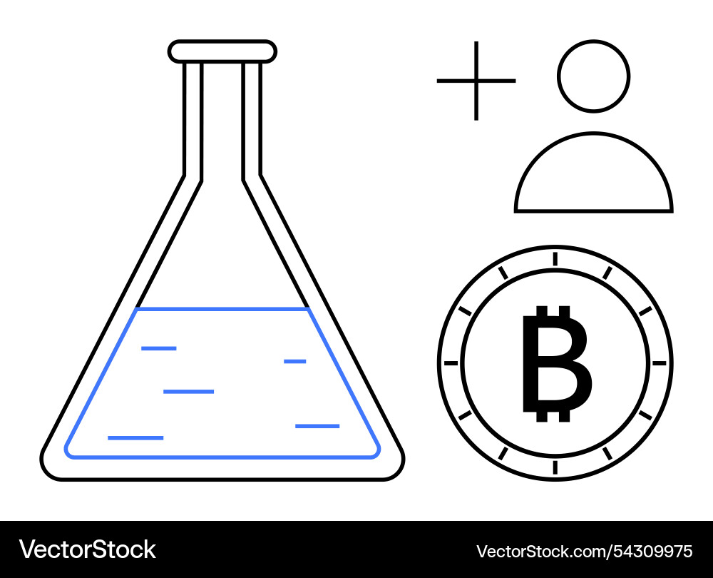 Laboratory flask user add symbol and bitcoin Laboratory flask user add symbol and bitcoin vector image