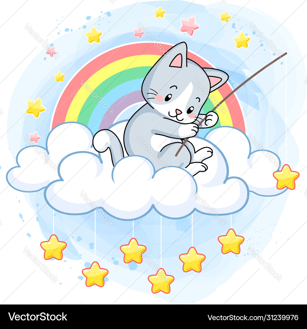 Cute kitten on a cloud in rainbow world fishing Cute kitten on a cloud in rainbow world fishing vector image