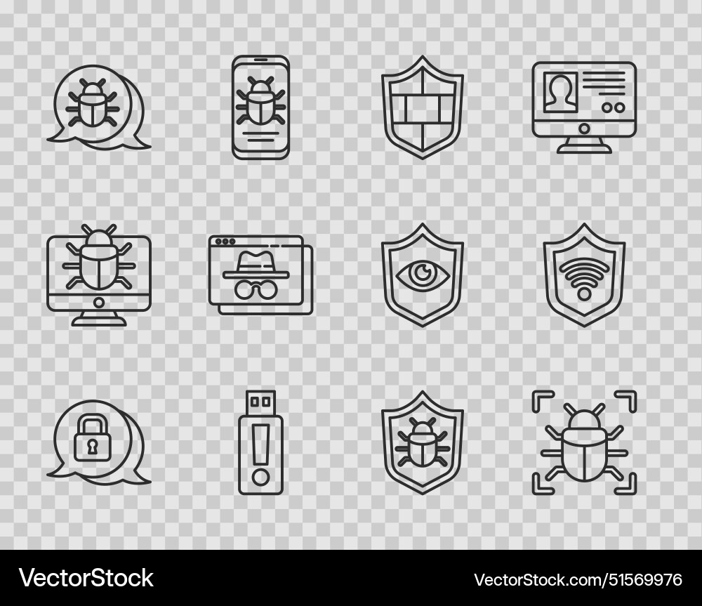 Set line cyber security system bug shield Set line cyber security system bug shield vector image