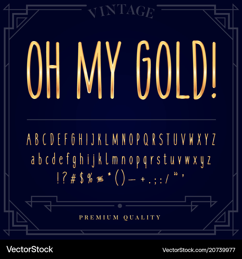 Gold metallic font set letters numbers Gold metallic font set letters numbers vector image