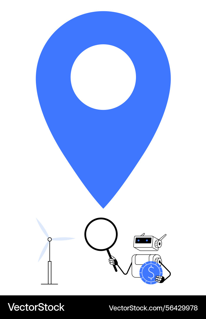 Location marker with robot analyzing data and wind Location marker with robot analyzing data and wind vector image