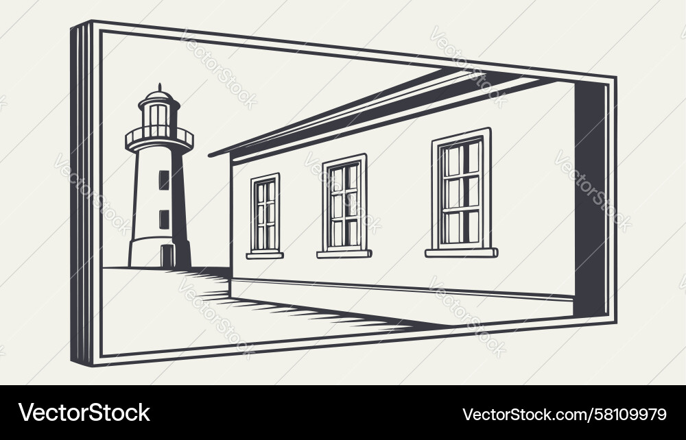 Lighthouse Through Window Line Art Vector Image