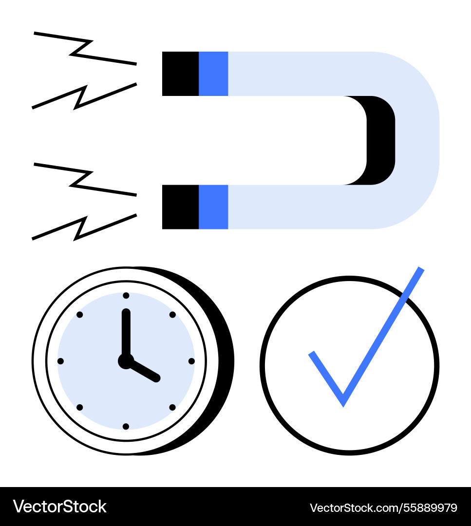 Magnet attracting objects with clock and checkmark Magnet attracting objects with clock and checkmark vector image