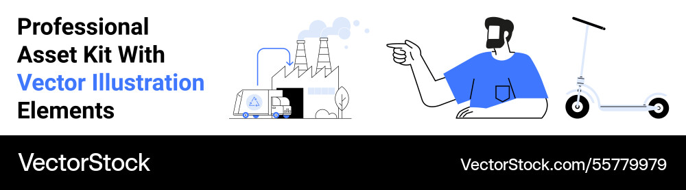 Man gesturing towards a factory scene and modern Man gesturing towards a factory scene and modern vector image