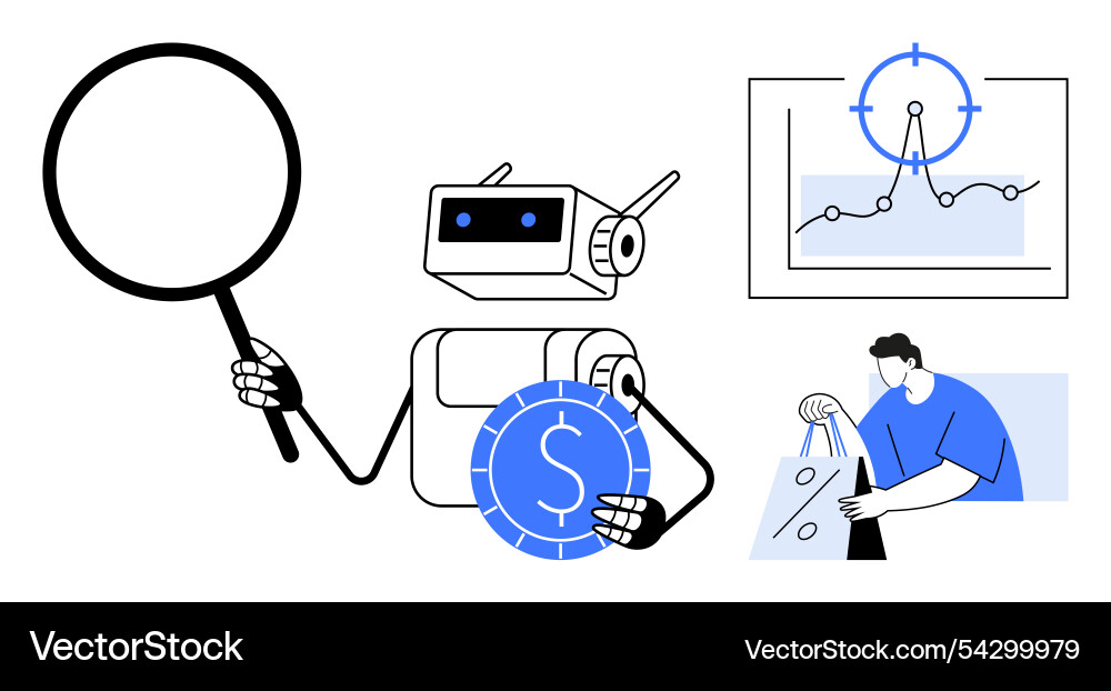 Robot analyzing financial data and shopping trends Vector Image