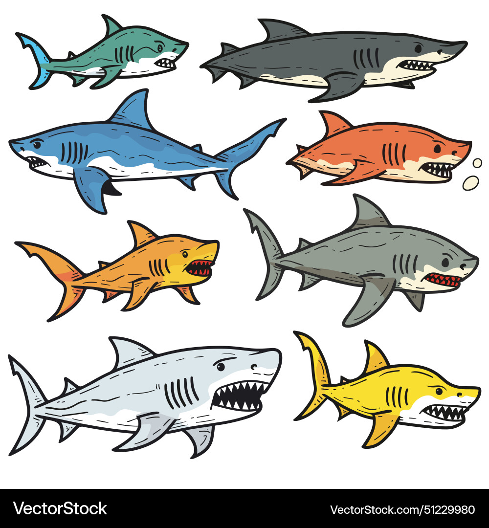 Colorful cartoon sharks swimming variety Colorful cartoon sharks swimming variety vector image
